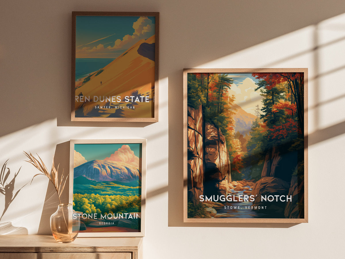 Smugglers' Notch, Stowe, Vermont Poster | Mountain Pass Destination Print Wall Art — styled in a modern interior