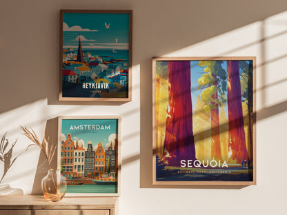 Three framed posters on a sunlit wall depict Reykjavik, Amsterdam, and Sequoia National Park, showcasing vibrant cityscapes and towering trees. A small vase with dried plants sits below.