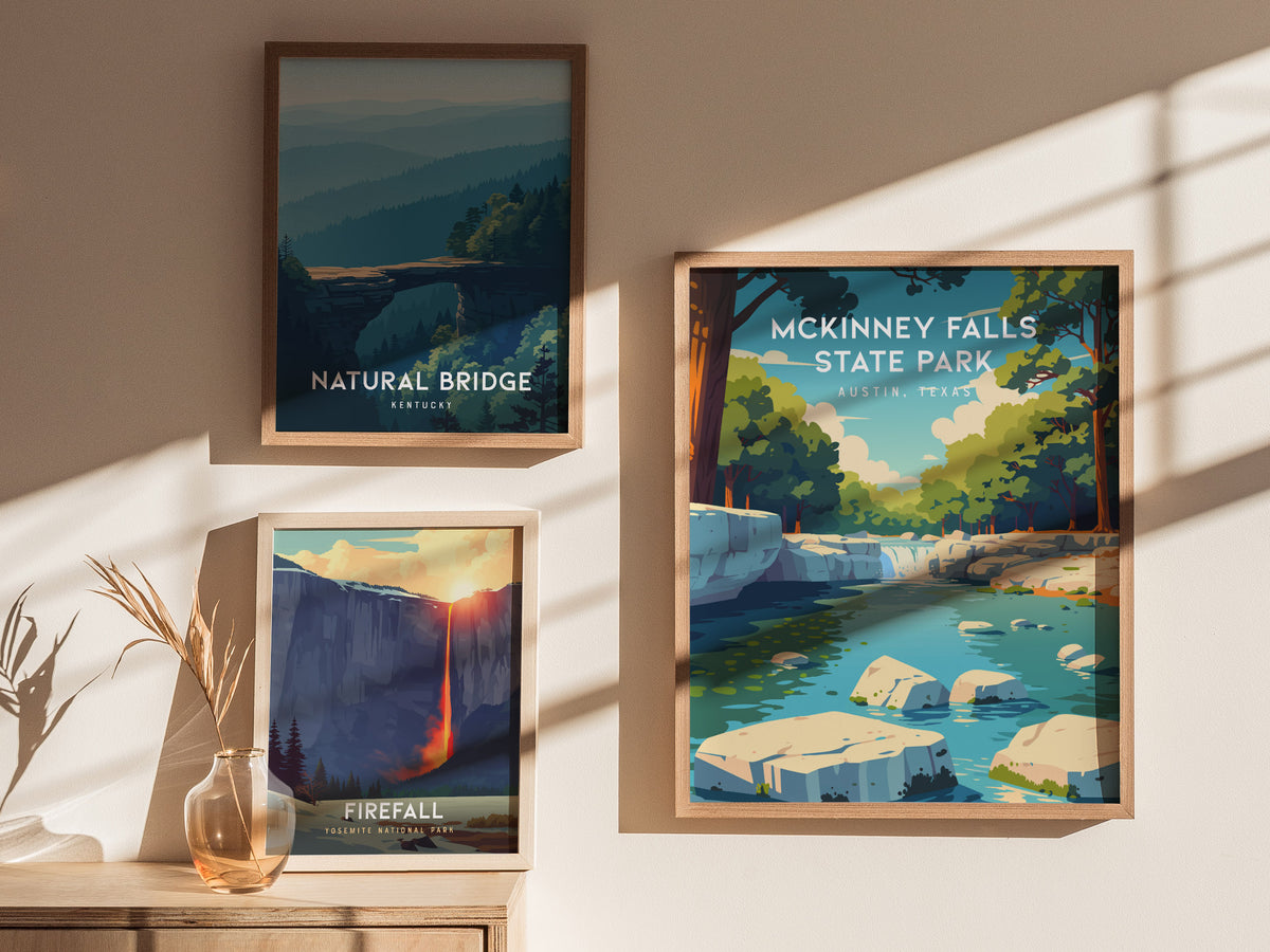 McKinney Falls State Park, Austin, Texas Poster | Waterfall & Creek Nature Wall Art — styled in a modern interior