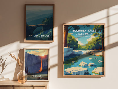 McKinney Falls State Park, Austin, Texas Poster | Waterfall & Creek Nature Wall Art — styled in a modern interior
