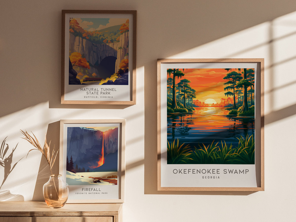 Okefenokee Swamp Matte Border Poster | Georgia Vacation Wall Art Framed or Unframed — styled in a modern interior