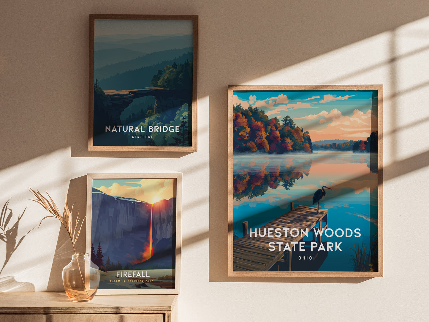 Hueston Woods State Park, Ohio Poster | Forest Lake Wilderness Retreat Wall Art — styled in a modern interior