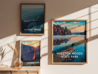 Hueston Woods State Park, Ohio Poster | Forest Lake Wilderness Retreat Wall Art — styled in a modern interior