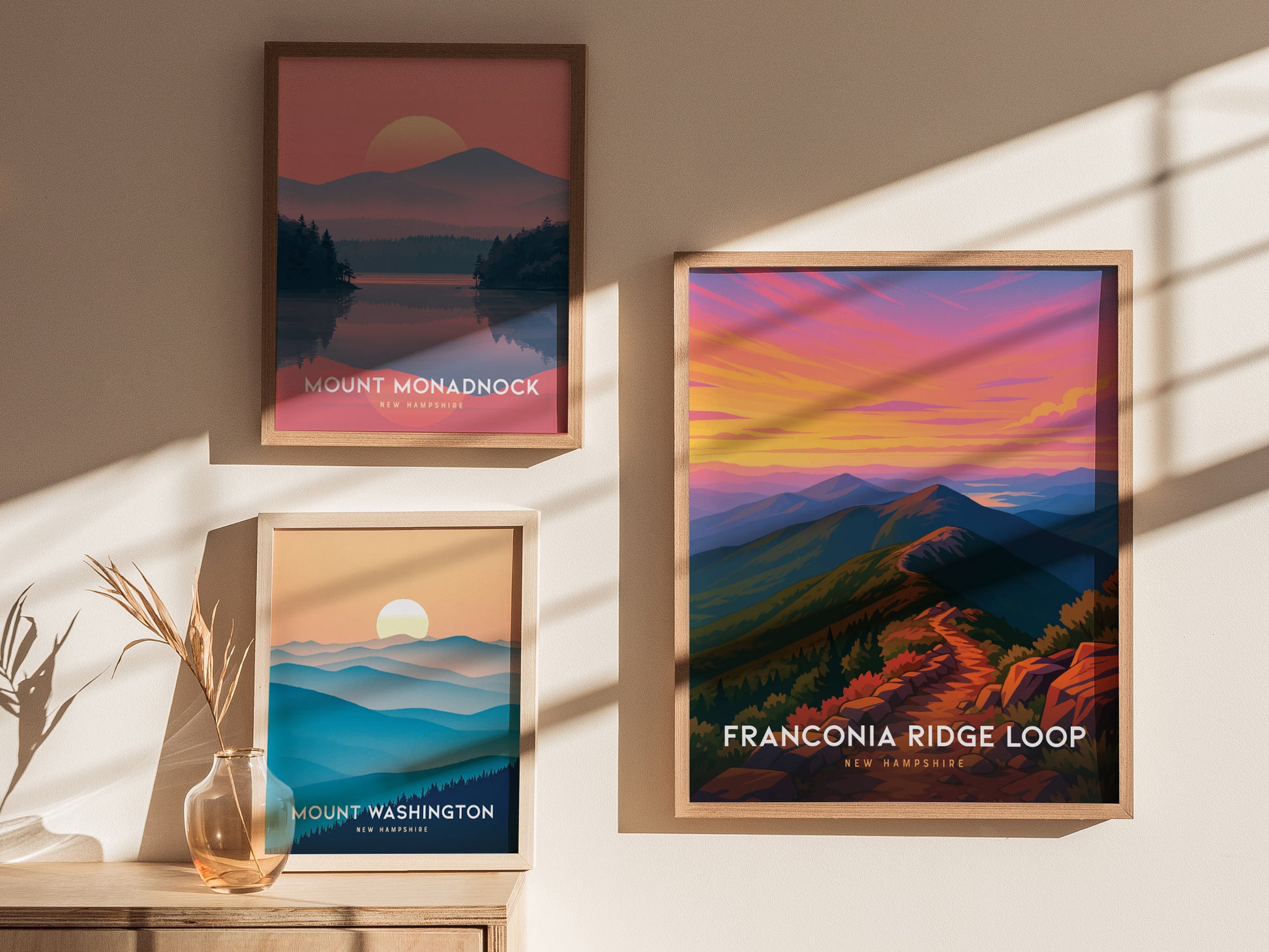 Vibrant Franconia Ridge Loop poster featuring a scenic mountain trail, bold colors, and serene mood, perfect for travel art lovers.