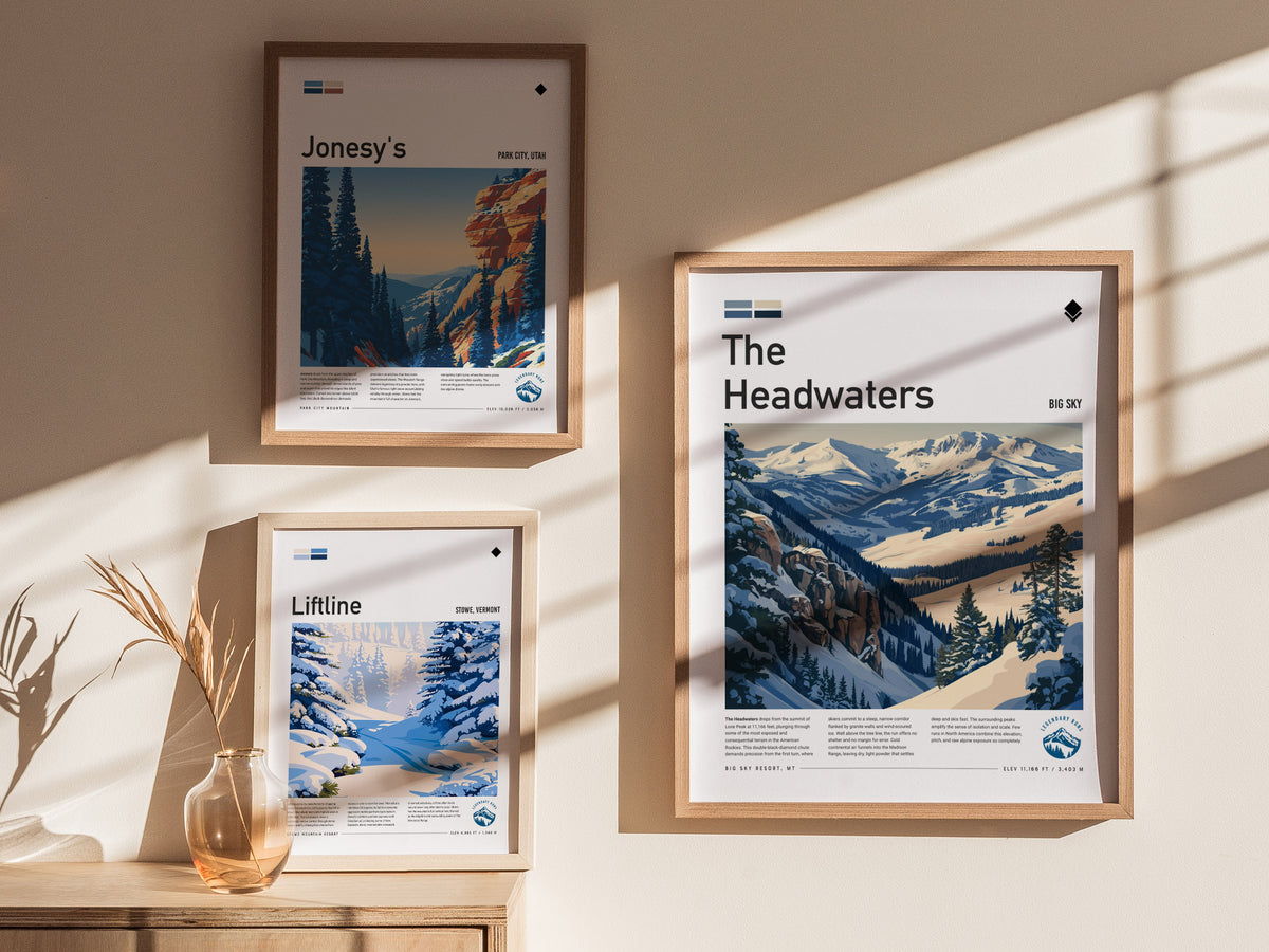 The Headwaters, Big Sky Montana Poster | Ski Lodge Decor Alpine Print Wall Art — styled in a modern interior