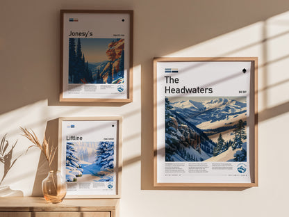 The Headwaters, Big Sky Montana Poster | Ski Lodge Decor Alpine Print Wall Art — styled in a modern interior