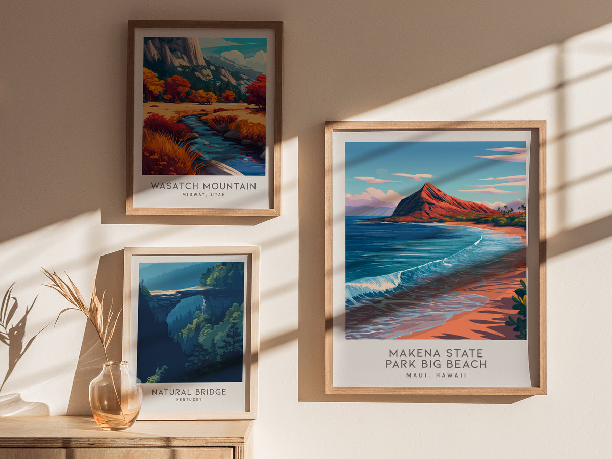 Makena State Park Big Beach Matte Border Poster | Maui, Hawaii Destination Print Travel Wall Art — styled in a modern interio