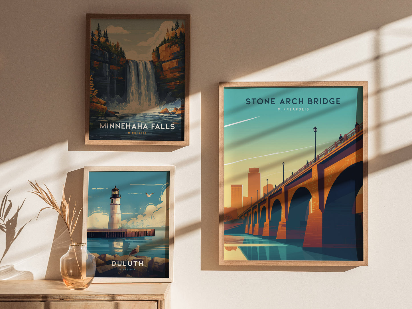 Three framed posters are displayed on a wall, featuring Stone Arch Bridge, Minnehaha Falls, and a lighthouse in Duluth. Sunlight casts soft shadows across the arrangement.