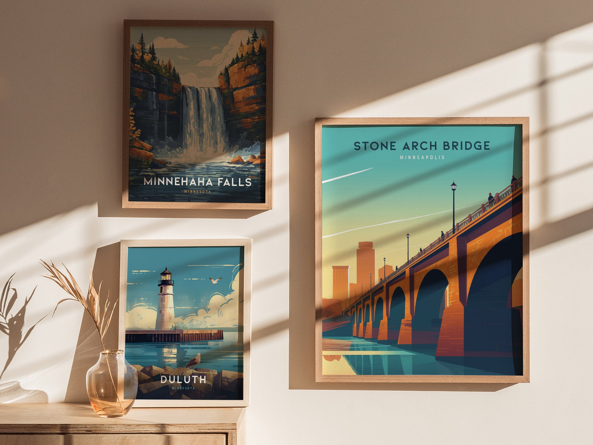 Three framed posters are displayed on a wall, featuring Stone Arch Bridge, Minnehaha Falls, and a lighthouse in Duluth. Sunlight casts soft shadows across the arrangement.