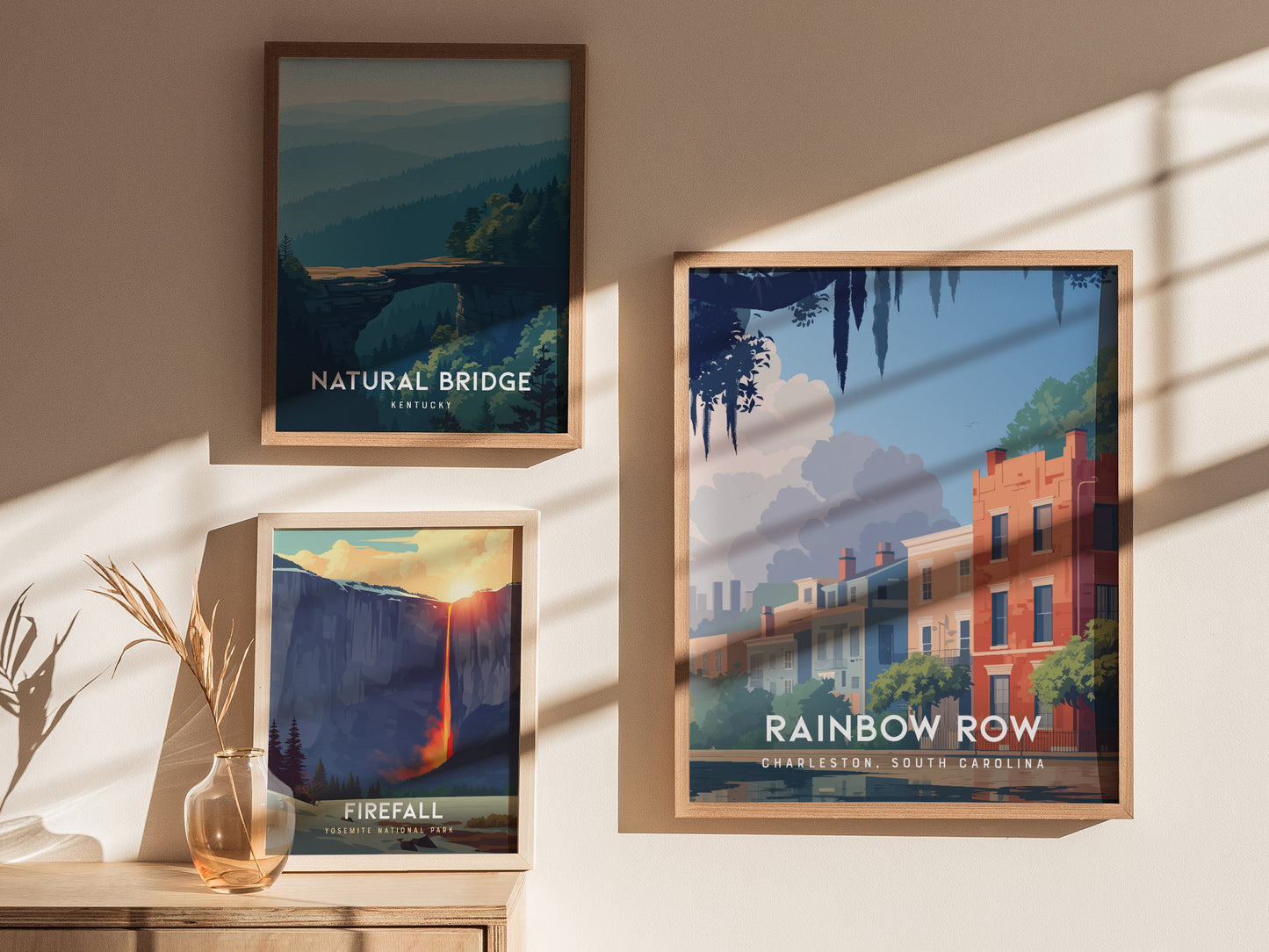Rainbow Row, Charleston Poster | Colorful Historic Homes Coastal Wall Art — styled in a modern interior