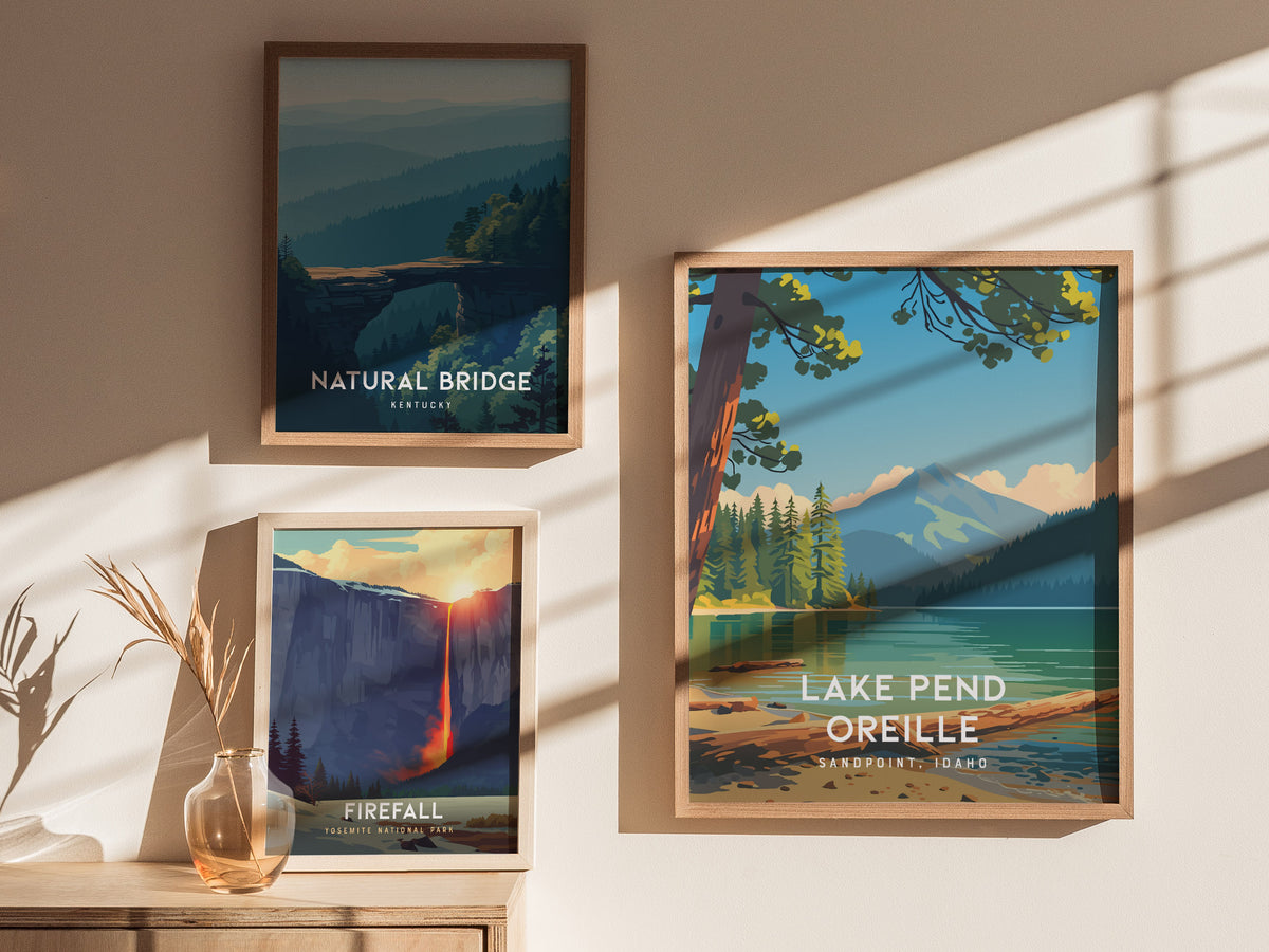 Lake Pend Oreille, Sandpoint, Idaho Poster | Mountain Lake Vacation Wall Art — styled in a modern interior