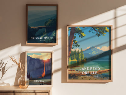 Lake Pend Oreille, Sandpoint, Idaho Poster | Mountain Lake Vacation Wall Art — styled in a modern interior