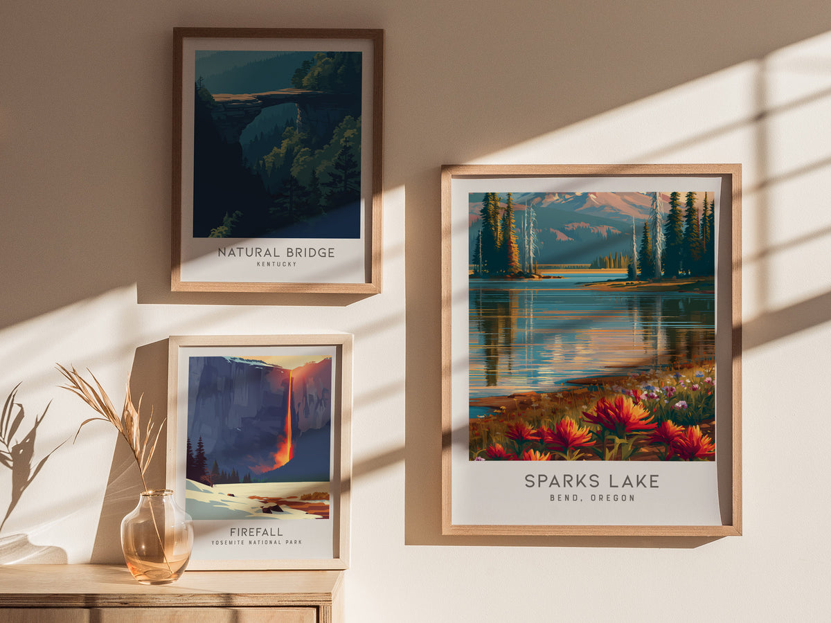 Sparks Lake Matte Border Poster | Bend, Oregon Destination Print Travel Wall Art — styled in a modern interior