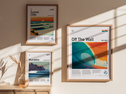 Framed "Off The Wall" surf art poster featuring a vibrant teal wave against an orange-red sky, perfect for surf decor and gifts.
