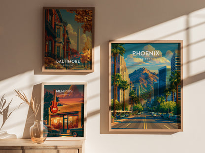 Phoenix, Arizona Poster | Desert Skyline & Saguaro Sunset Wall Art — styled in a modern interior