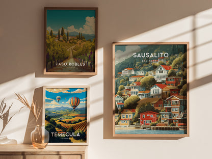 Vintage Sausalito, California poster featuring colorful waterfront houses and lush greenery, perfect for travel art enthusiasts.