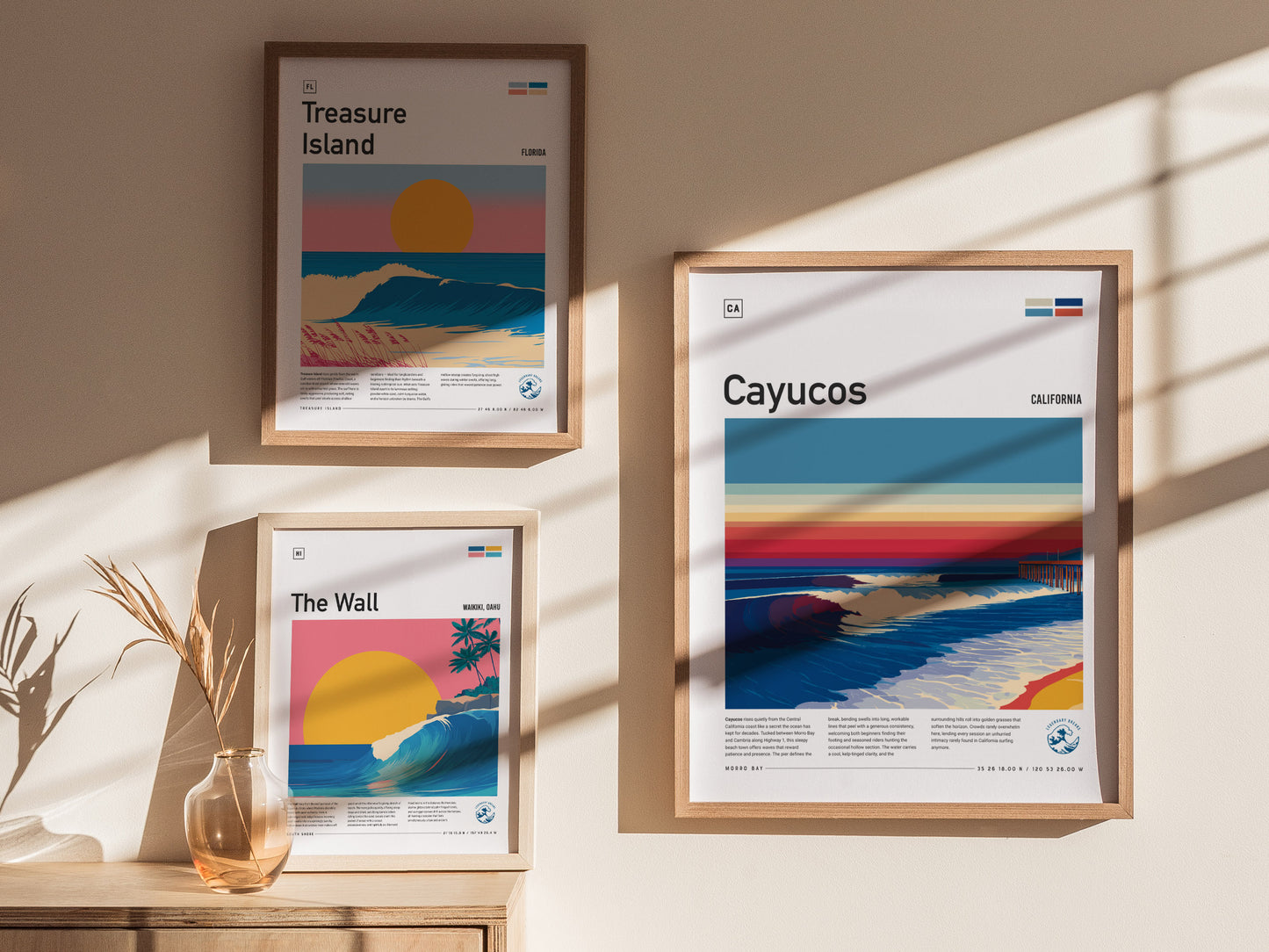 Cayucos, California Poster | Sun-Soaked Surf Town Coastal Wall Art — styled in a modern interior