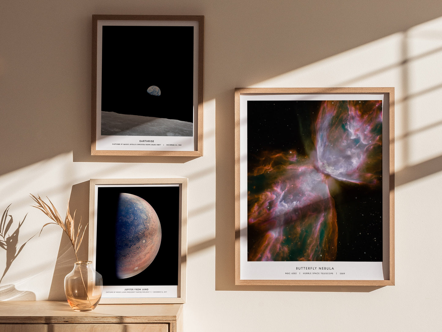 Framed Butterfly Nebula poster by Hubble, showcasing vibrant purples, pinks, and blues against a black backdrop, perfect space art decor.