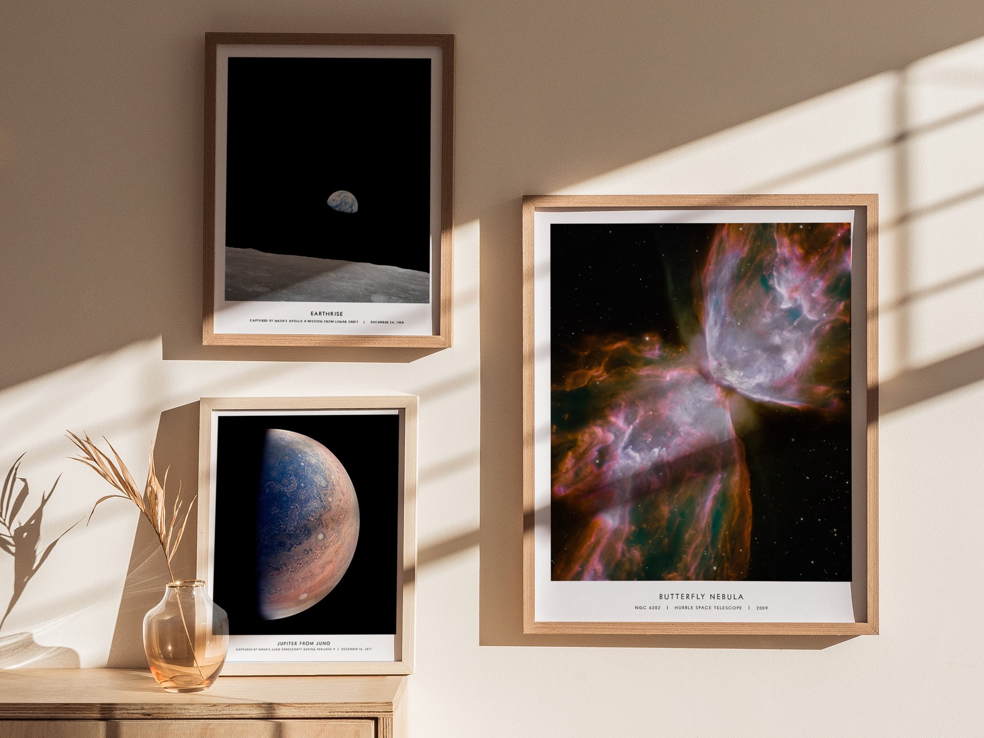 Framed Butterfly Nebula poster by Hubble, showcasing vibrant purples, pinks, and blues against a black backdrop, perfect space art decor.