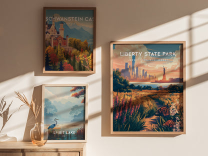 Liberty State Park, Jersey City, New Jersey Poster | Skyline & Harbor Travel Wall Art — styled in a modern interior