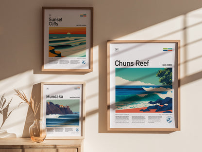 A stylish interior display featuring three framed surf spot posters on a wall, including the Chuns Reef poster prominently in the center.