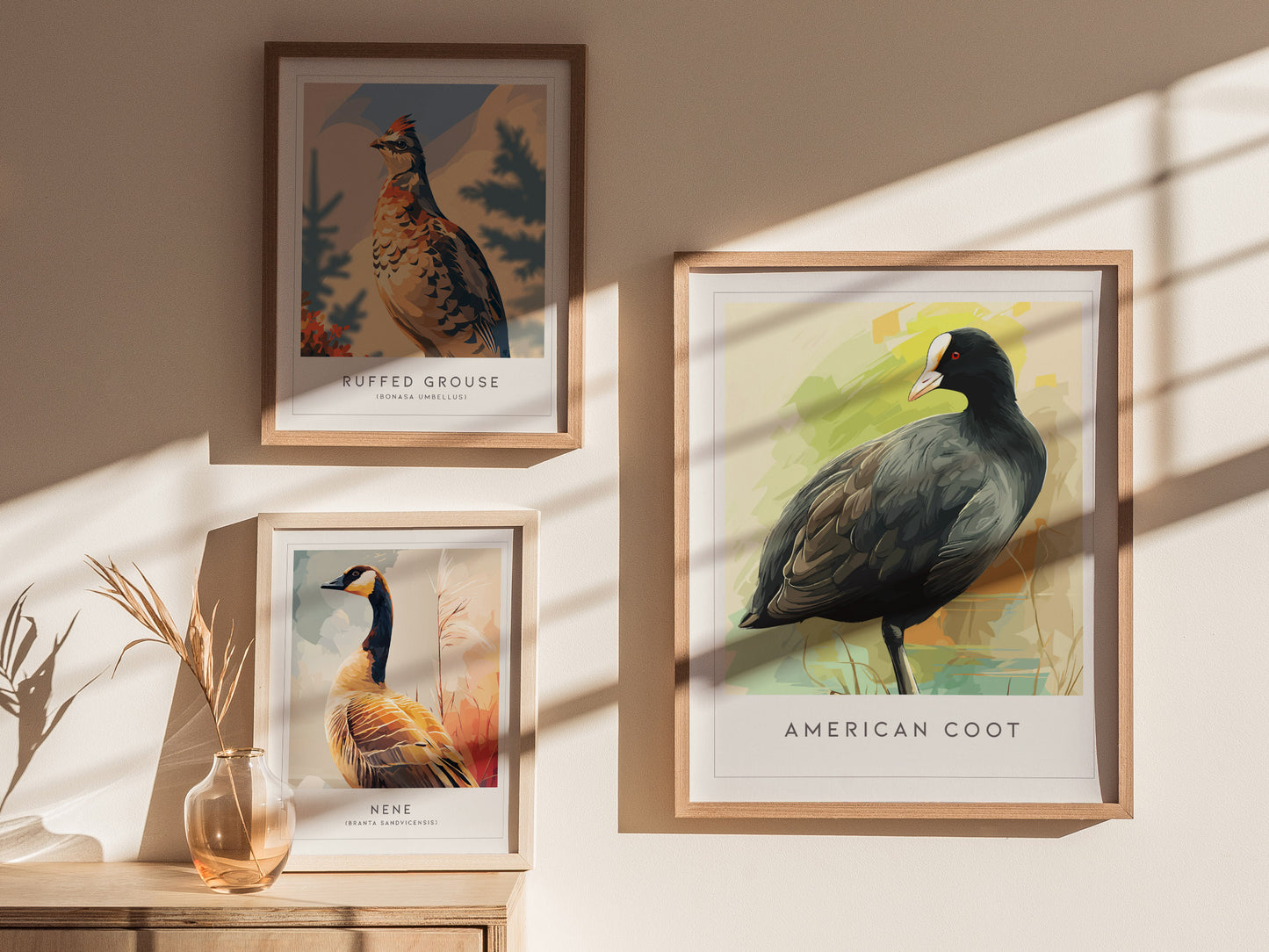 American Coot Poster | Waterbird on a Quiet Marsh Wall Art — styled in a modern interior