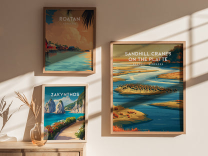 Sandhill Cranes on the Platte, Kearney, Nebraska Poster | Prairie Wildlife Travel Wall Art — styled in a modern interior