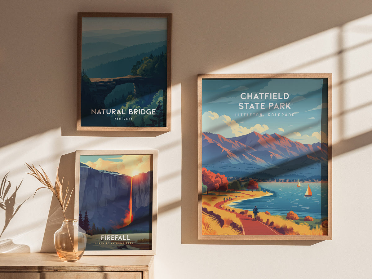 Chatfield State Park, Littleton, Colorado Poster | Mountain Lake Destination Print Wall Art — styled in a modern interior