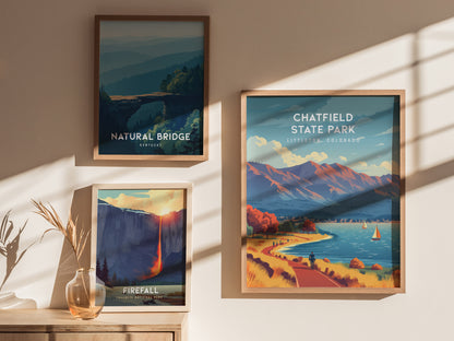 Chatfield State Park, Littleton, Colorado Poster | Mountain Lake Destination Print Wall Art — styled in a modern interior