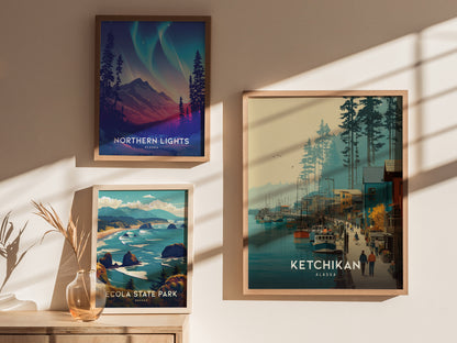 Scenic Ketchikan, Alaska waterfront print featuring colorful buildings, boats, and tranquil nature in retro art style.