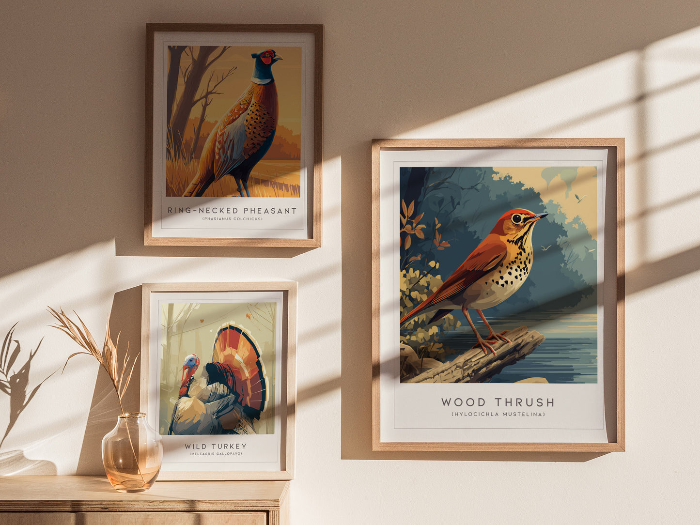 Wood Thrush Poster | Forest Songbird Nature Illustration Wall Art — styled in a modern interior