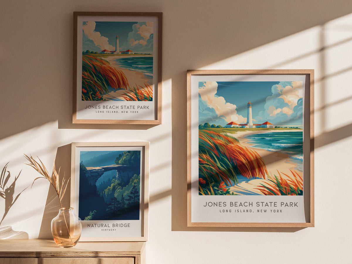 Jones Beach State Park Matte Border Poster | Long Island, New York Coastal Beach Decor — styled in a modern interior