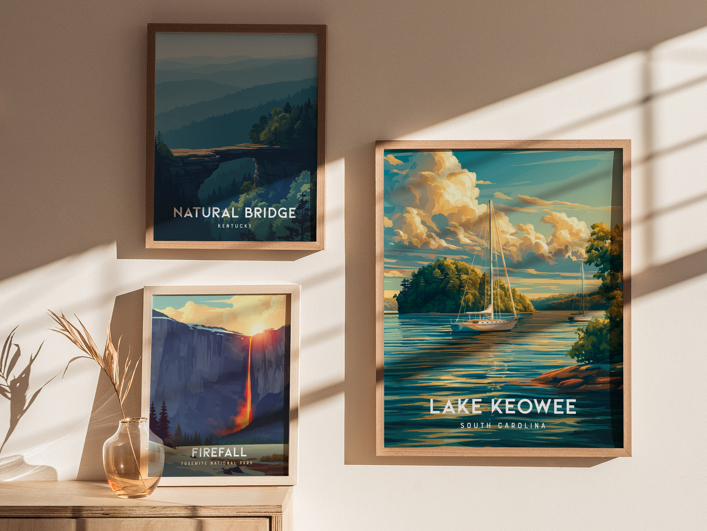 Lake Keowee, South Carolina Poster | Lakeside Mountain Retreat Wall Art — styled in a modern interior