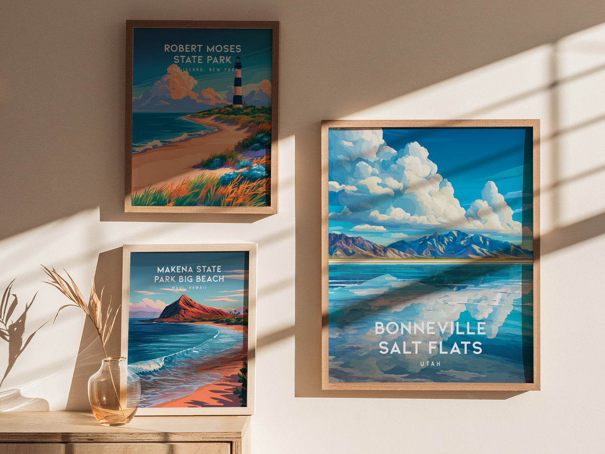 Bonneville Salt Flats, Utah Poster | Vast Desert Horizon Vacation Wall Art — styled in a modern interior
