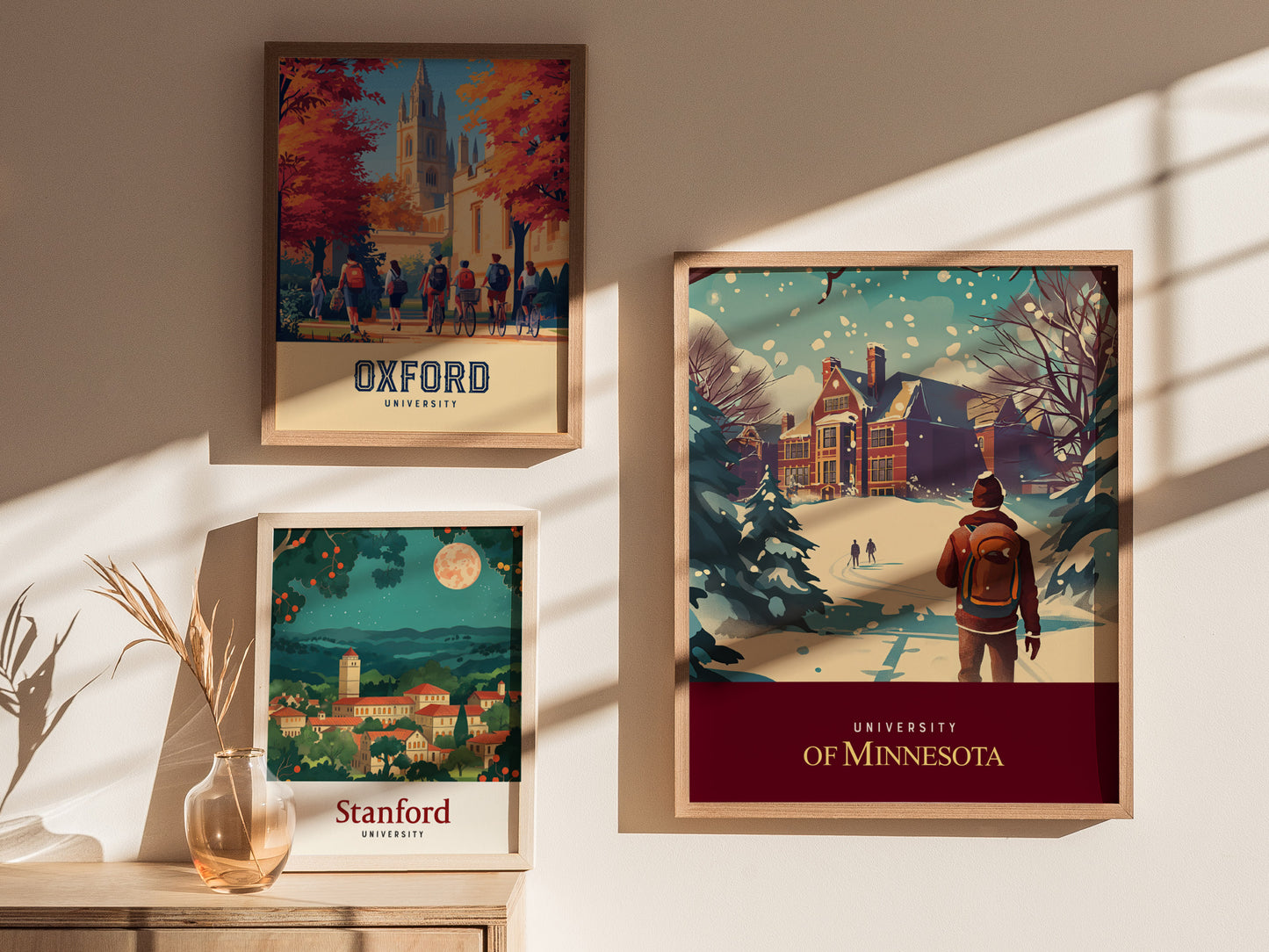 Three framed university posters are displayed on a wall, featuring Oxford, Stanford, and the University of Minnesota with scenic campus illustrations. Sunlight casts soft shadows across the arrangement.