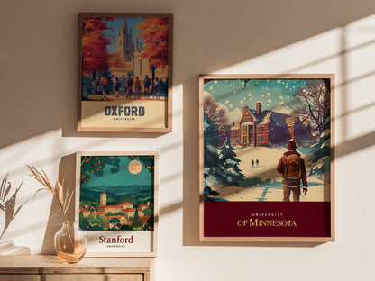 Three framed university posters are displayed on a wall, featuring Oxford, Stanford, and the University of Minnesota with scenic campus illustrations. Sunlight casts soft shadows across the arrangement.