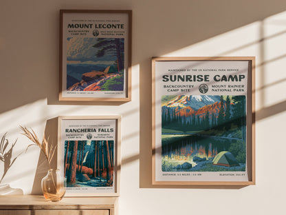 Sunrise Camp, Mount Rainier National Park Poster | Hiker Gift | Backcountry Trail Wall Art — styled in a modern interior