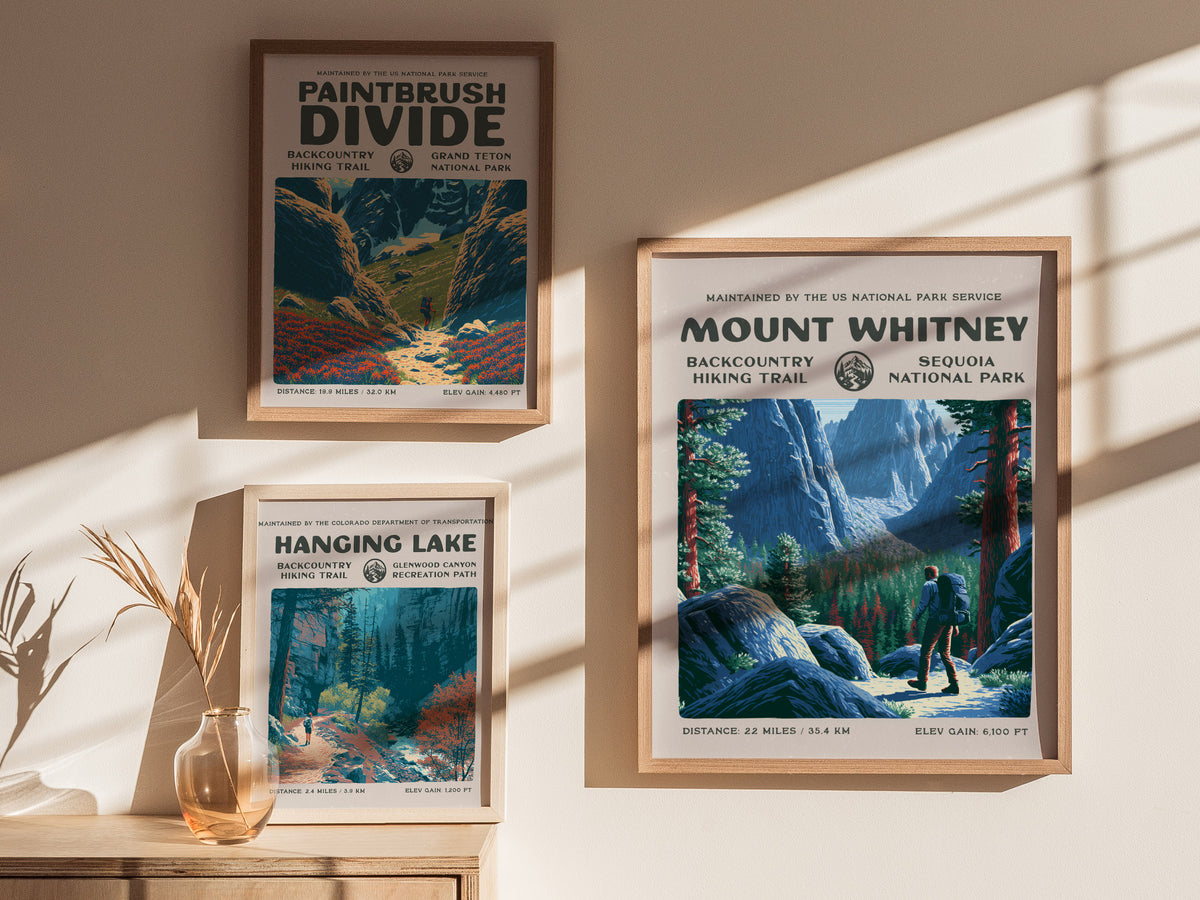 Mount Whitney, Sequoia National Park Poster | Hiker Gift | Backcountry Trail Wall Art — styled in a modern interior