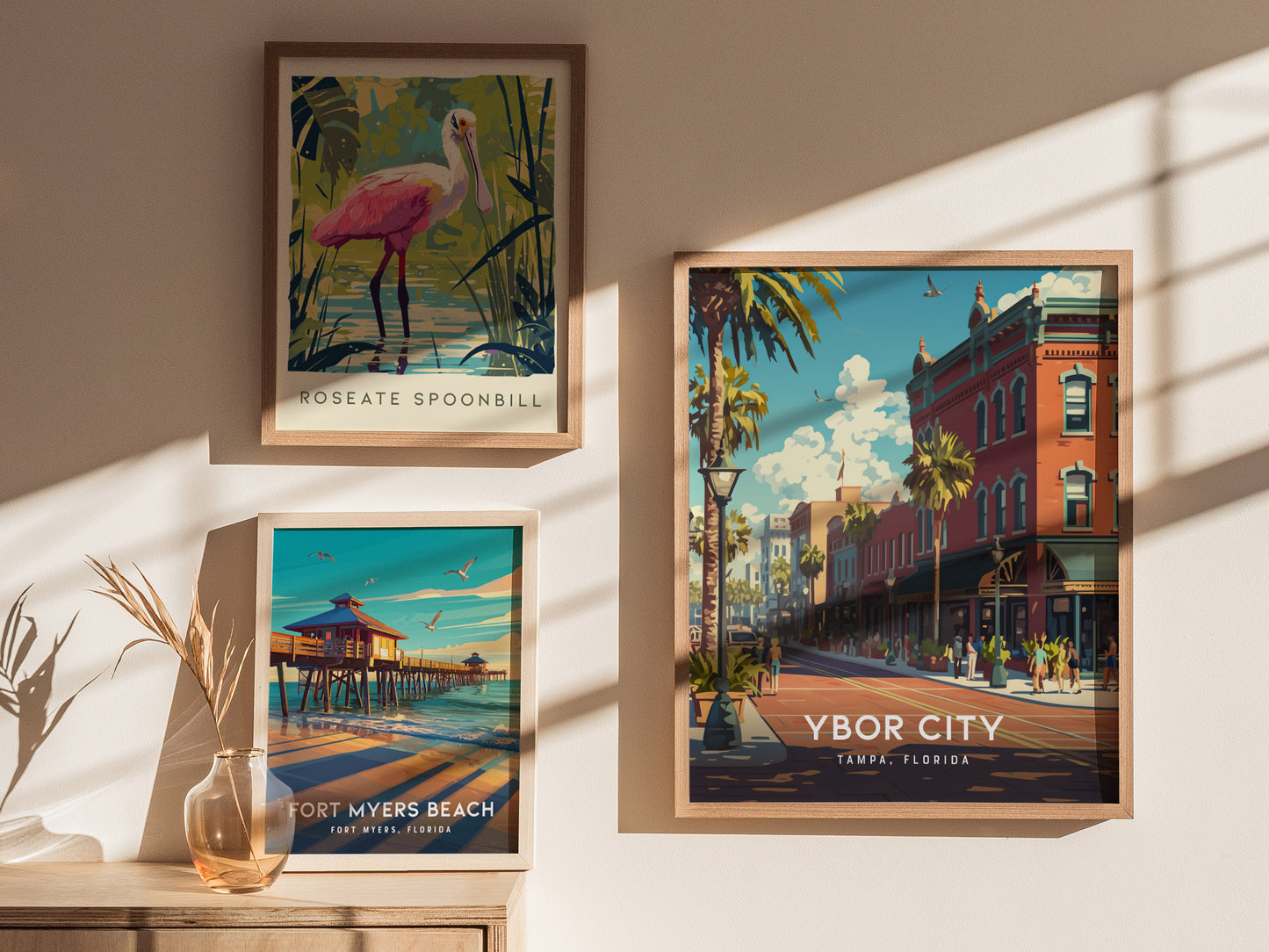 Framed wall art displays a vibrant Ybor City street scene, a colorful roseate spoonbill, and a picturesque Fort Myers Beach pier.