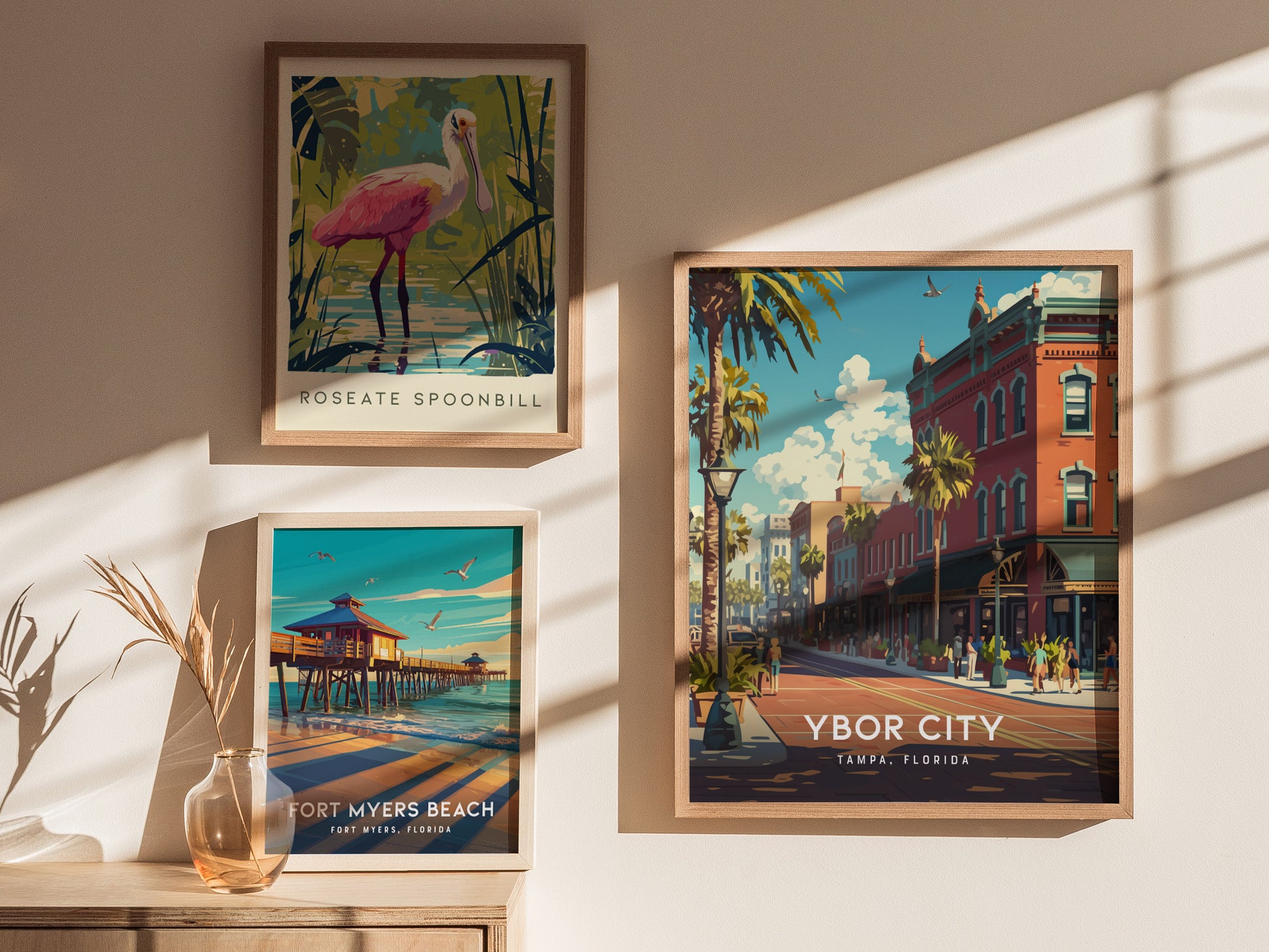 Framed wall art displays a vibrant Ybor City street scene, a colorful roseate spoonbill, and a picturesque Fort Myers Beach pier.