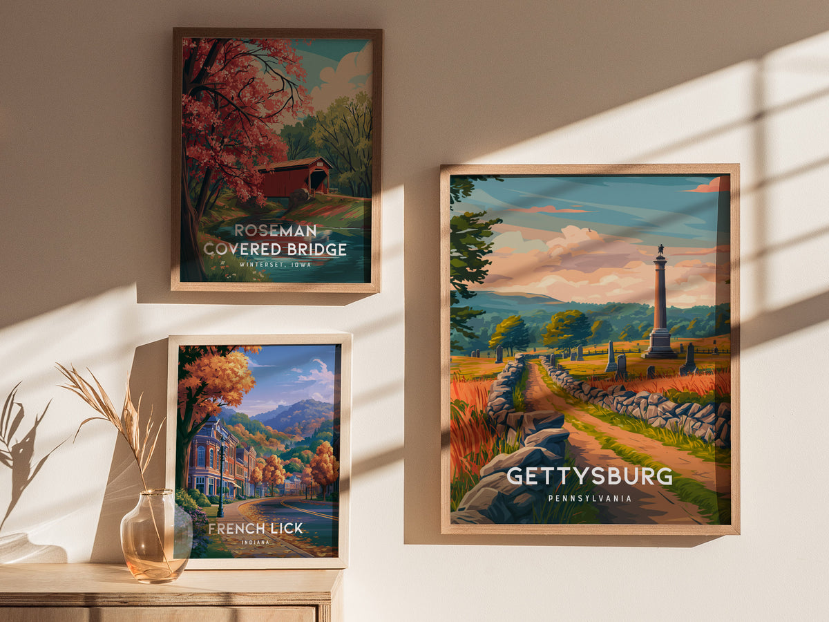 Gettysburg, Pennsylvania Poster | Historic Battlefield & Monument Travel Gift Wall Art — styled in a modern interior