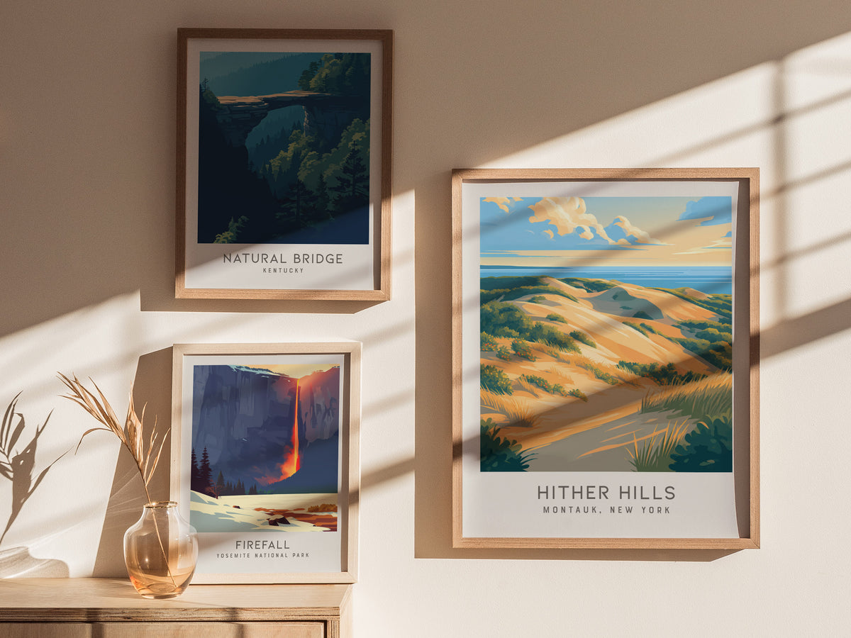Hither Hills Matte Border Poster | Montauk, New York Travel Wall Art — styled in a modern interior