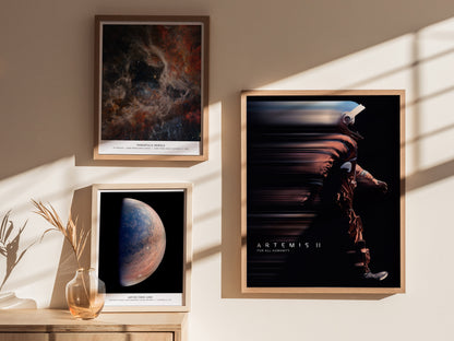 Gallery wall featuring the Artemis II poster paired with other NASA and Moon mission prints
