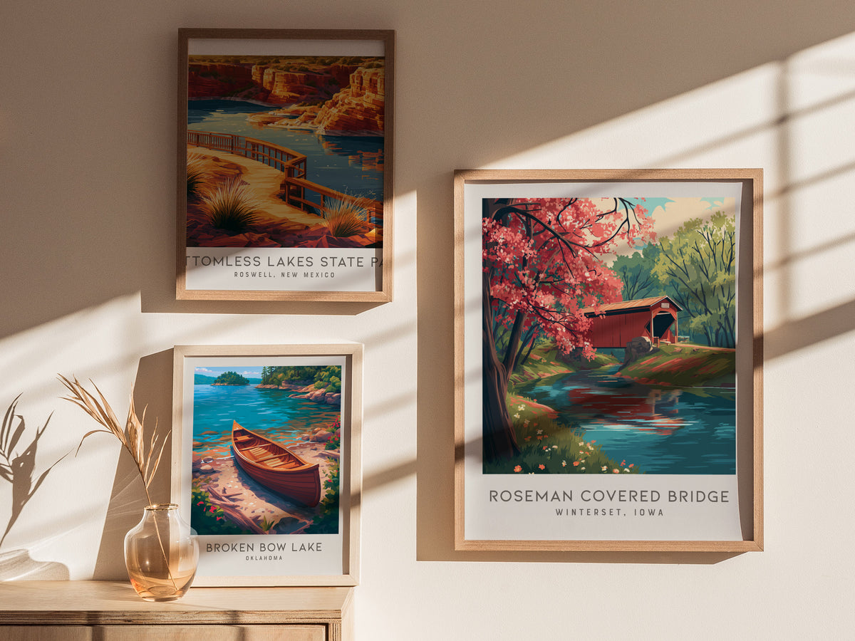 Roseman Covered Bridge Matte Border Poster | Winterset, Iowa Destination Print Travel Wall Art — styled in a modern interior