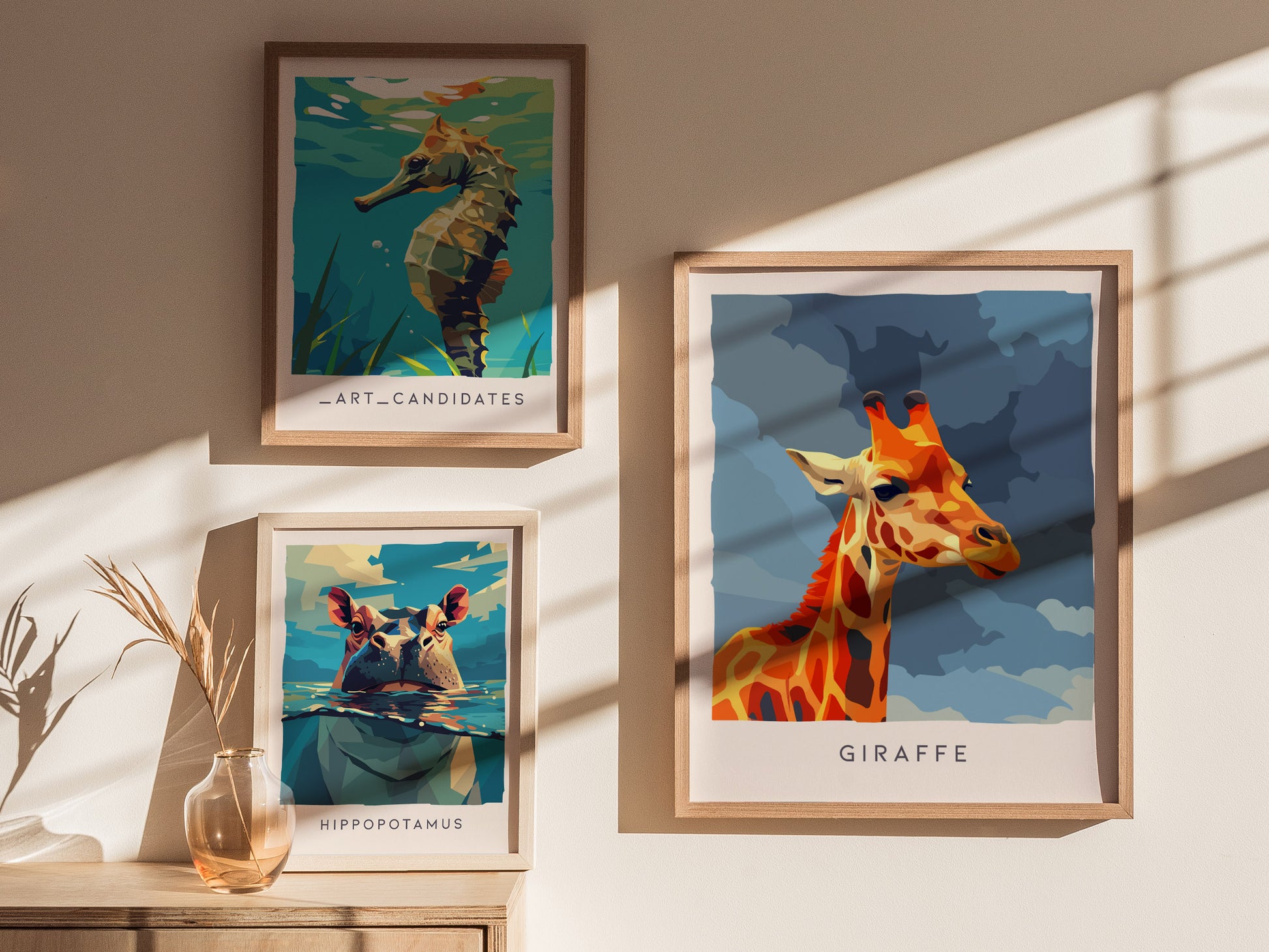 Neon Giraffe Pop Art Poster | Retro 80s Safari Wall Art Print — styled in a modern interior