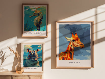 Neon Giraffe Pop Art Poster | Retro 80s Safari Wall Art Print — styled in a modern interior