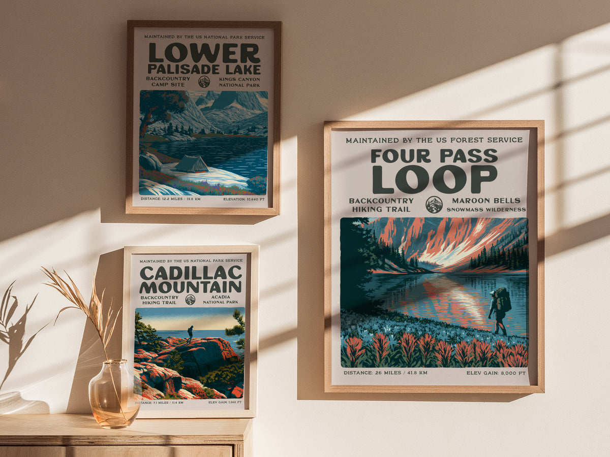 Four Pass Loop, Maroon Bells-Snowmass Wilderness Poster | Hiker Gift | Backcountry Trail Wall Art — styled in a modern interi
