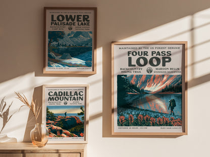 Four Pass Loop, Maroon Bells-Snowmass Wilderness Poster | Hiker Gift | Backcountry Trail Wall Art — styled in a modern interi