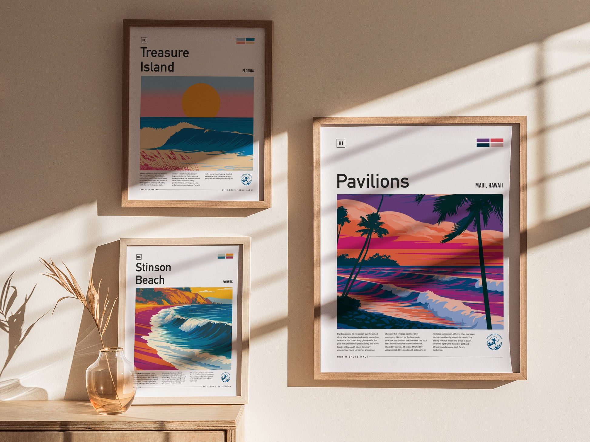 Pavilions, Hawaii Poster | Golden Surf Break Paradise Wall Art — styled in a modern interior
