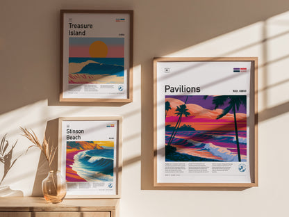 Pavilions, Hawaii Poster | Golden Surf Break Paradise Wall Art — styled in a modern interior